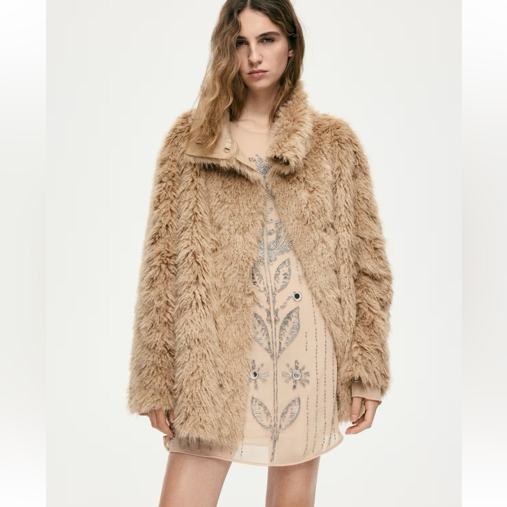 Stand-Up Collar Faux Fur Coat, H&M, Dark Beige, M - Picture 6 of 12